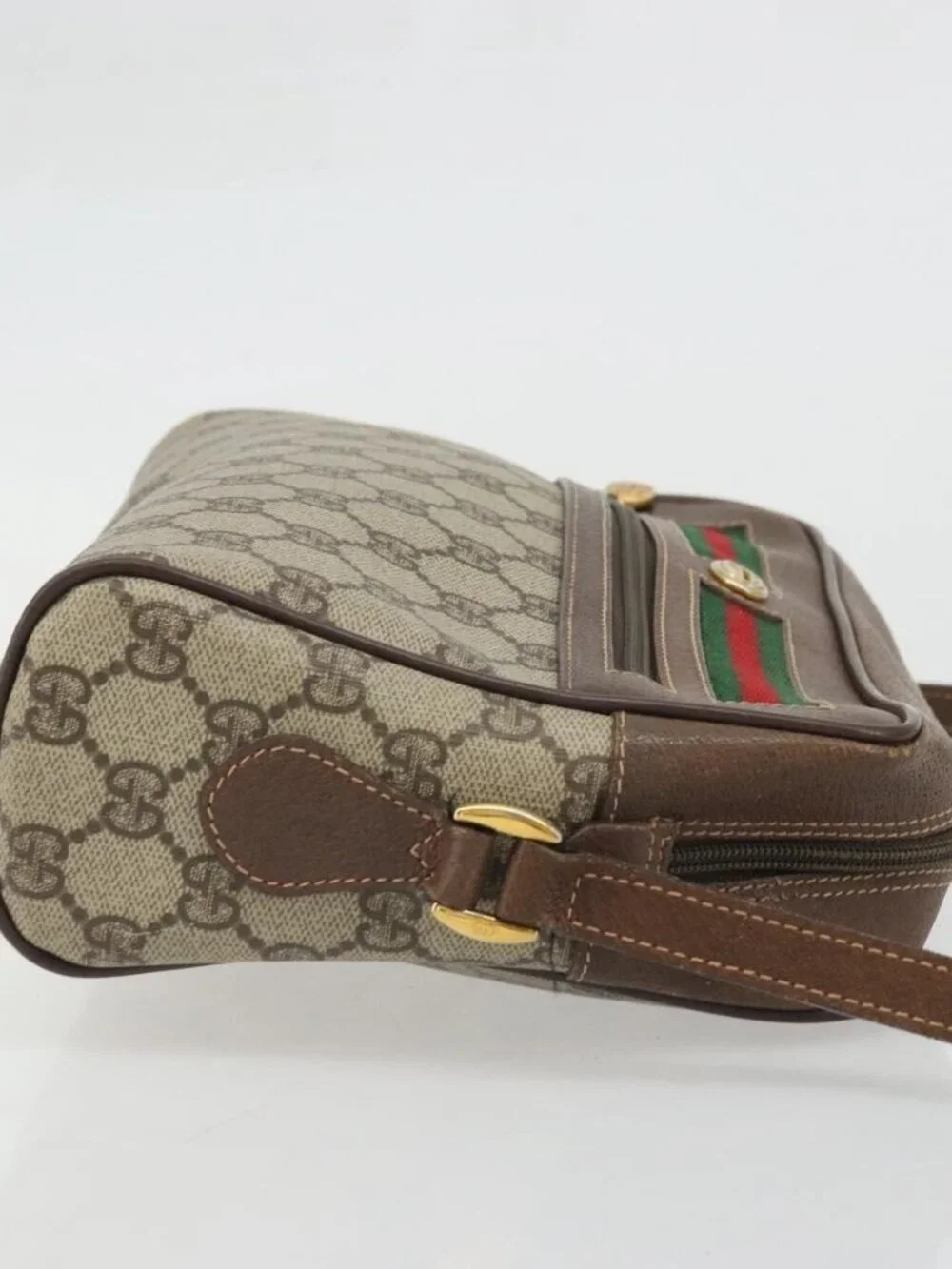 GUCCI GG Supreme Web Sherry Line Bag PVC Beige Gold 56 02 088 Auth am11288